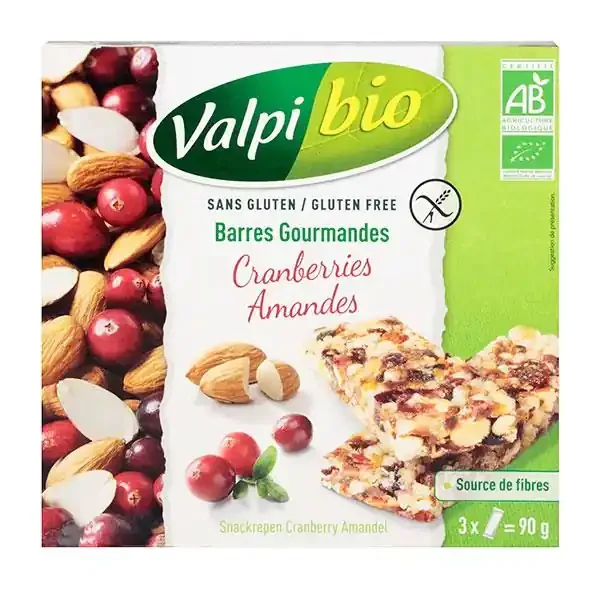 3 barres gourmandes bio aux cranberries et aux amandes 90g