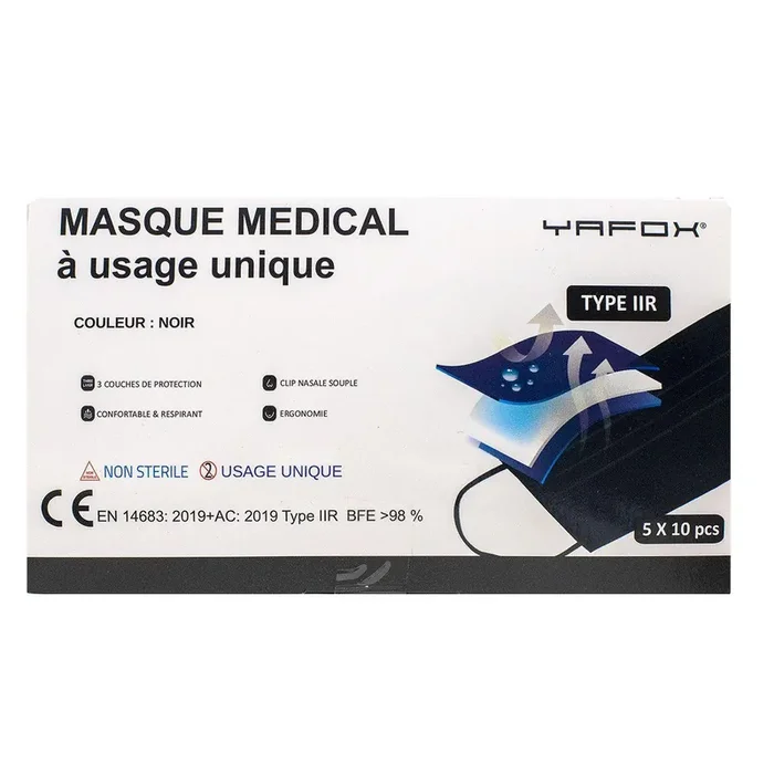 50 masques médicaux usage unique type IIR noir