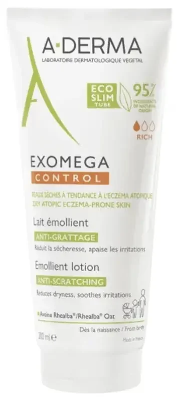 A-Derma Exomega Control – Lait Émollient Anti-Grattage – Peaux Sèches à Tendance à l‘Eczéma Atopique 200 ml