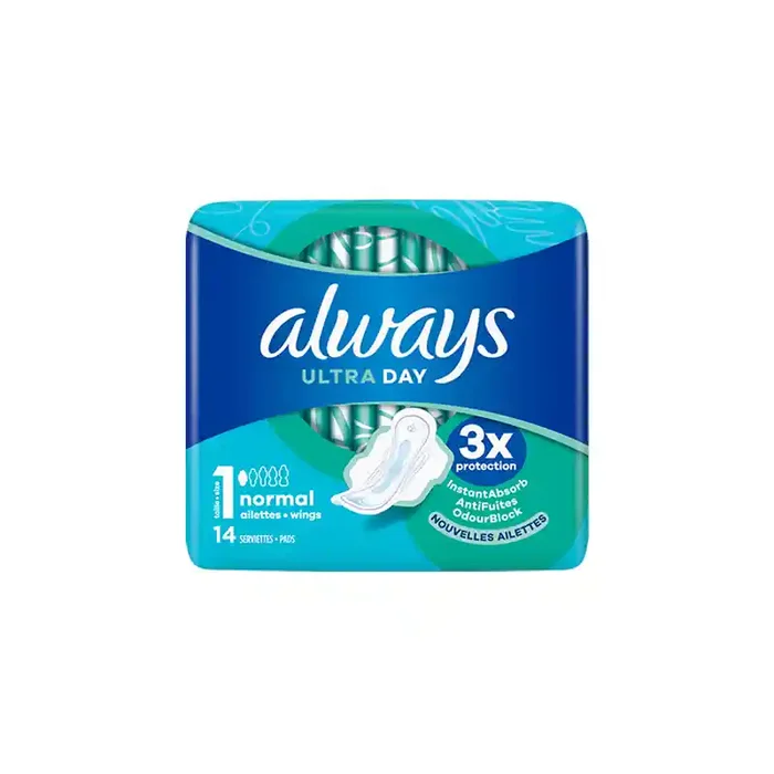 Always Ultra Normal avec ailettes 14 serviettes hygieniques taille 1