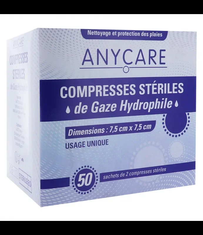 Anycare Compresses de gaze stérile 7.5×7.5cm Boite de 50