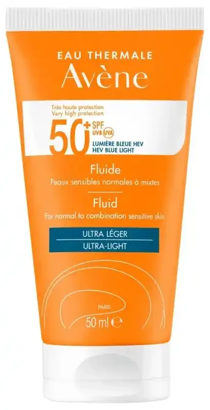 Avène Eau Thermale – Solaire – Fluide 50+ Uvb Uva Lumière Bleue Hev Peaux Sensibles Normales 50 ml