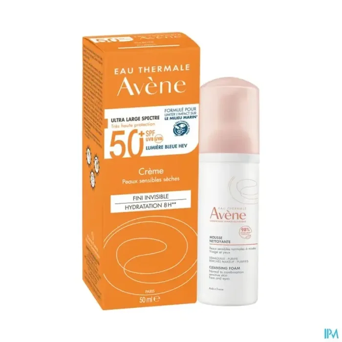 Avène solaire crème SPF50+ 50ml + mousse nettoyante 50ml offerte