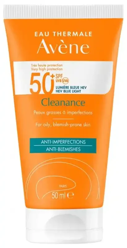 Avène Solaire Eau Thermale – – Cleanance 50+ Uvb Uva Lumière Bleue Hev Peaux Grasses à Imperfection – Anti-Imperfections 50 ml