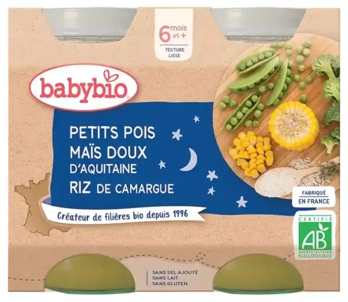 Babybio Bonne Nuit Petits Pois Maïs Doux d‘Aquitaine Riz de Camargue