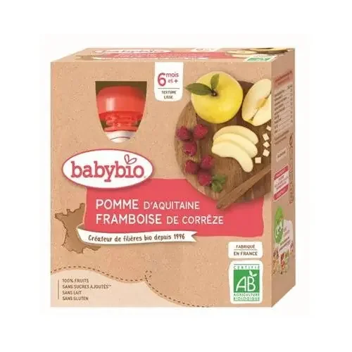 BABYBIO GOURDES FRUITS + 6 Mois Pomme Framboise – 4x90g