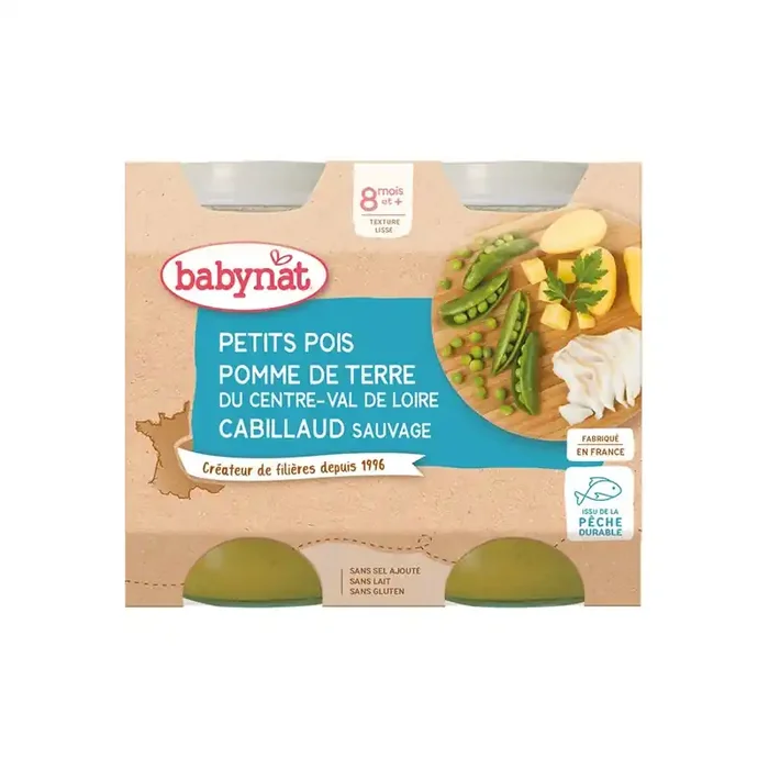 Babybio petits pois pomme de terre cabillaud sauvage des 8 mois 2x200g