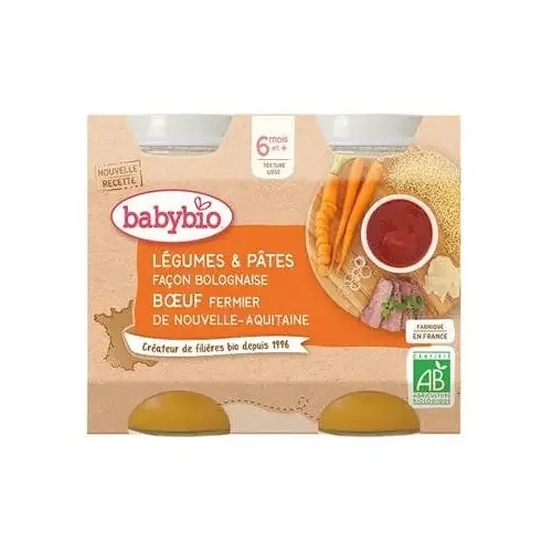 BABYBIO PETITS POTS MENU DU JOUR + 6 Mois Légumes Pâtes Bolognaise – 2x200g