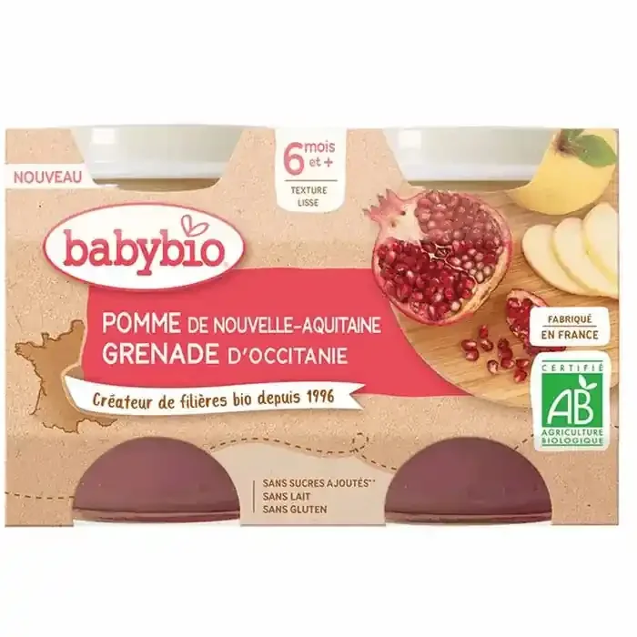 Babybio Petits pots Pomme de Nouvelle-Aquitaine et Grenade d‘Occitanie Dès 6 mois 2×130 g
