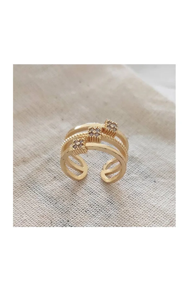 Bague 3 rangs ajustable – Laiton plaqué or & zircons