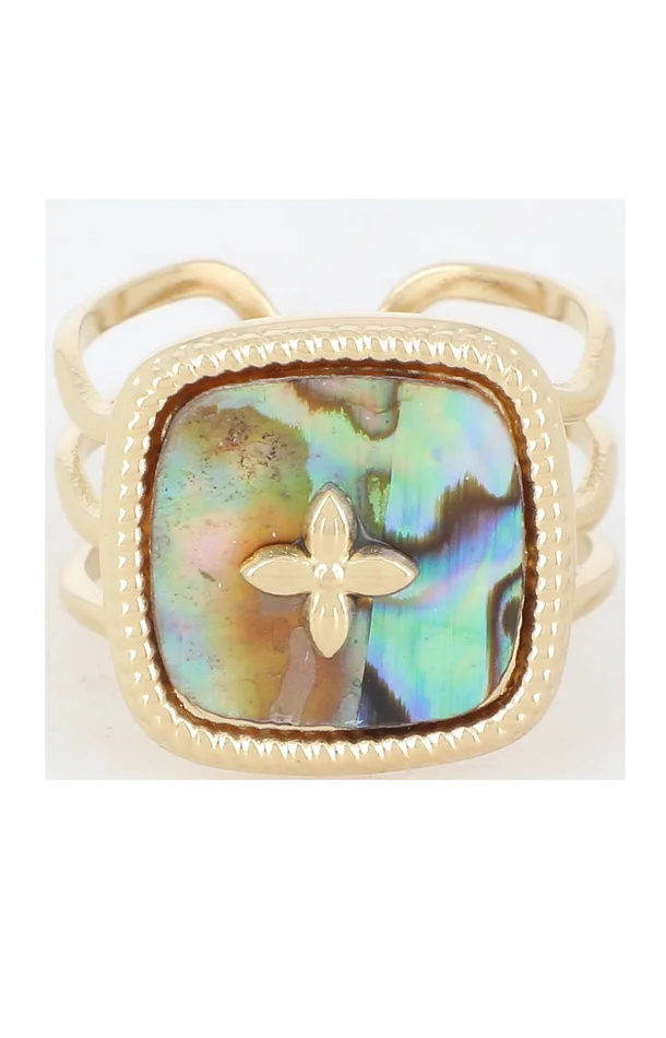 Bague – Acier inoxydable doré & nacre abalone bleu marron