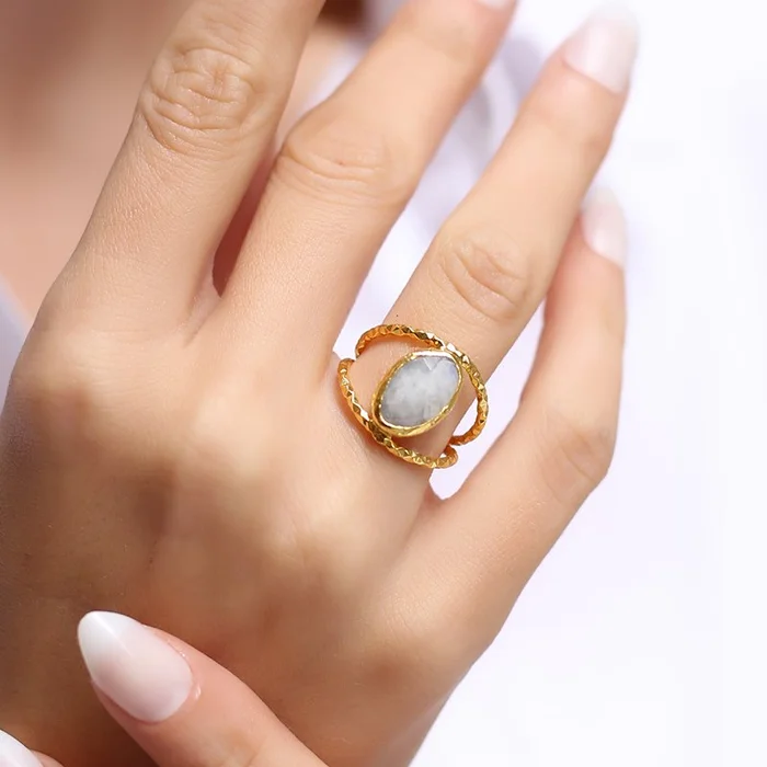 Bague – Laiton plaqué or, pierre de lune & amazonite