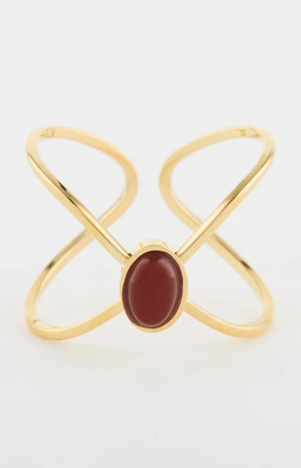 Bague ajustable – Acier inoxydable & cornaline – Doré & rouge