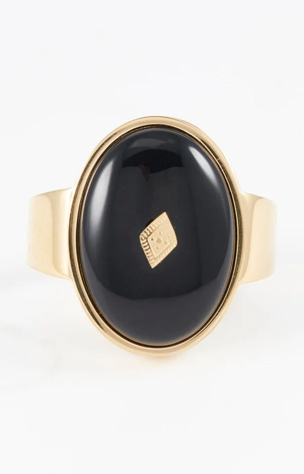 Bague ajustable – Acier inoxydable & onyx – Doré & noir
