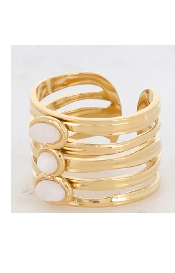 Bague ajustable – Acier inoxydable doré & jade blanche
