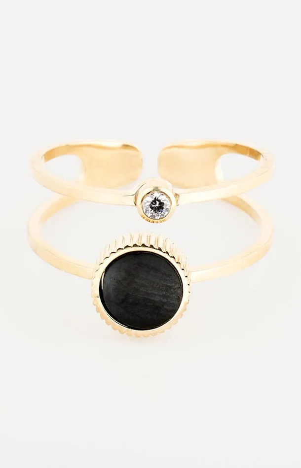 Bague ajustable – Acier inoxydable, onyx & cristal – Doré & noir
