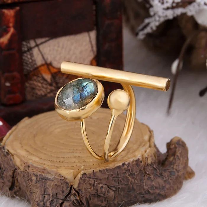 Bague ajustable – Laiton plaqué or & labradorite