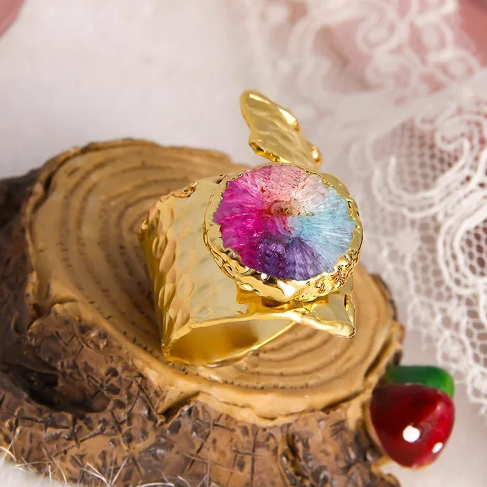 Bague ajustable – Laiton plaqué or & quartz