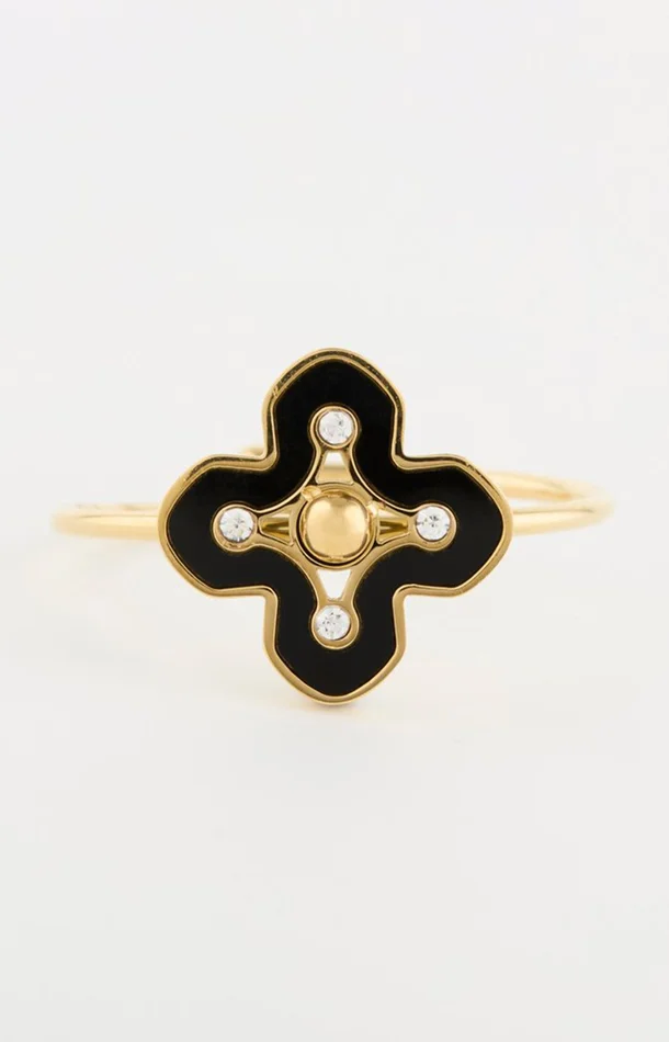 Bague en trèfle ajustable – Acier inoxydable & cristaux – Doré & noir