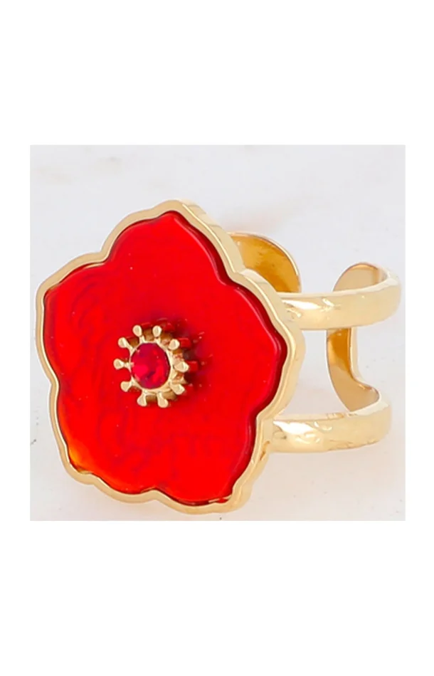 Bague fleur – Acier inoxydable doré, cornaline & strass