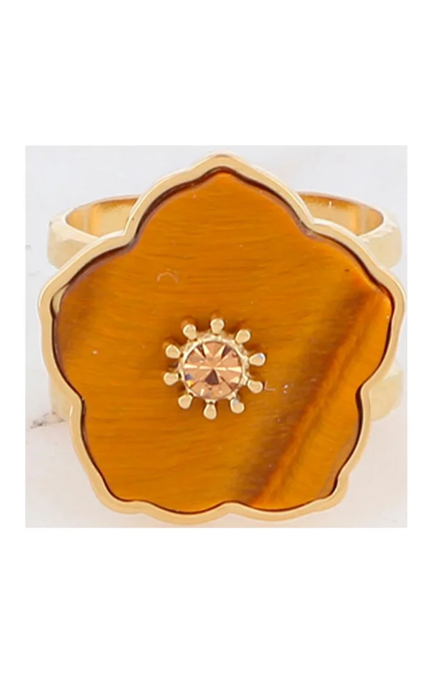 Bague fleur – Acier inoxydable doré, cornaline, strass marron