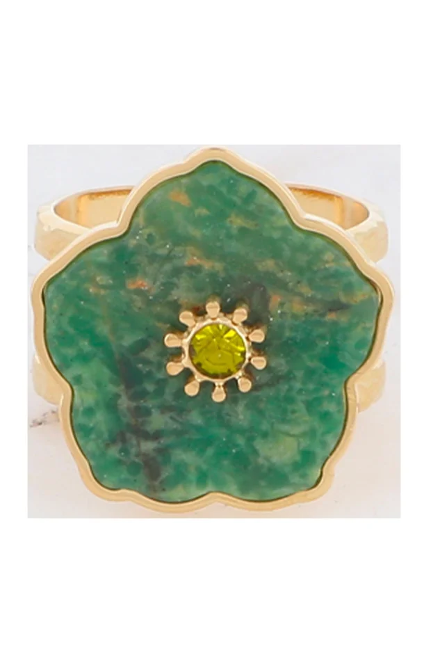 Bague fleurs – Acier inoxydable doré, cornaline & strass