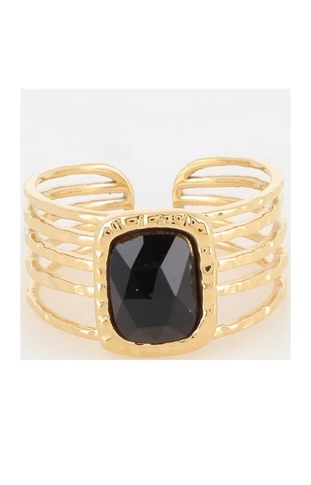 Bague multirangs – Acier inoxydable doré & onyx noir