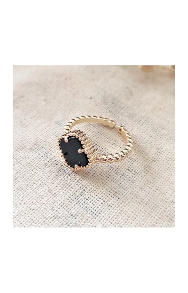 Bague réglable trèfle – Laiton plaqué or & nacre noire
