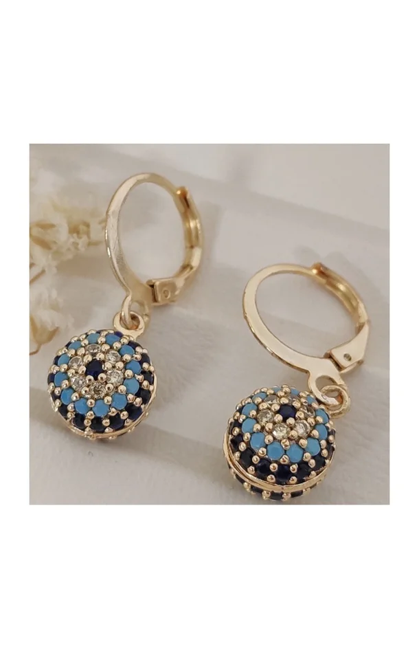 Boucles d’oreilles – Laiton plaqué or, zircon & émail – Motif oeil