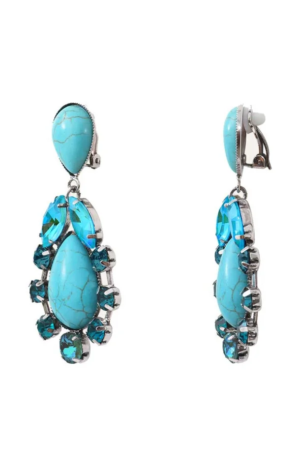 Boucles d’oreilles à clips Ethnic Turquoise – M2tal argenté, strass & turquoise