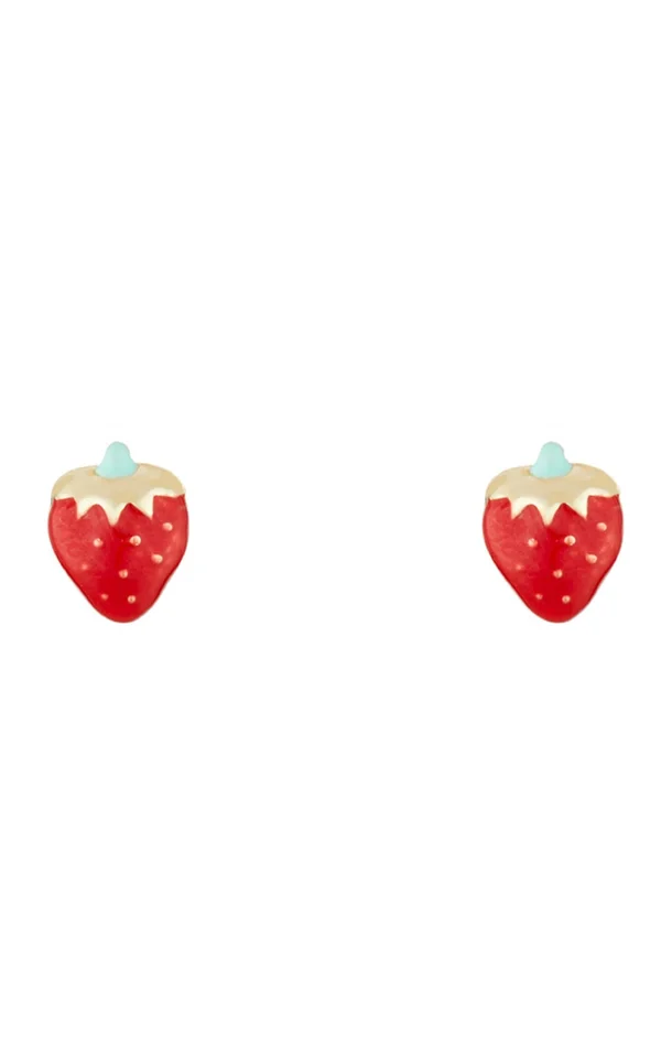 Boucles d’oreilles Jolie fraise – Or jaune 375/1000 & émail – Enfant