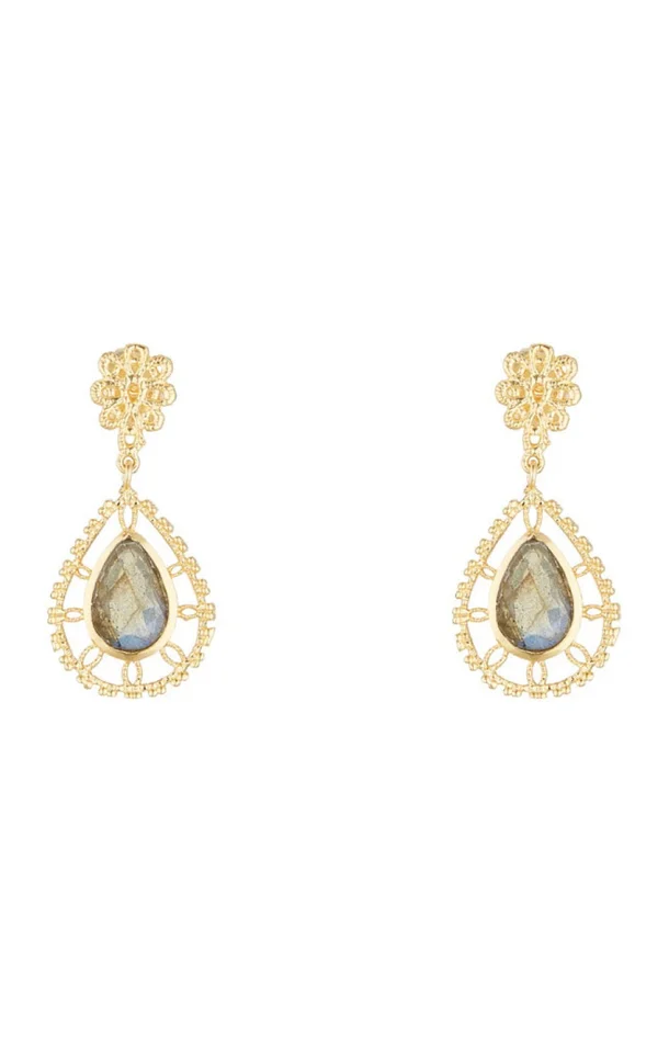 Boucles d’oreilles Léona – Laiton doré & labradorite grise