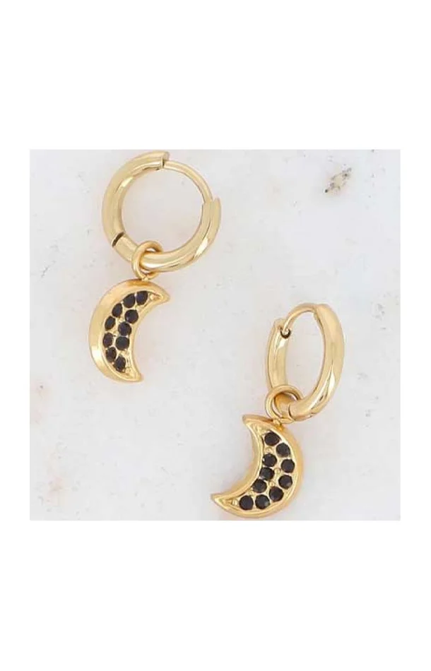 Boucles d’oreilles Lunèse – Acier inoxydable doré & oxydes de zirconium noirs