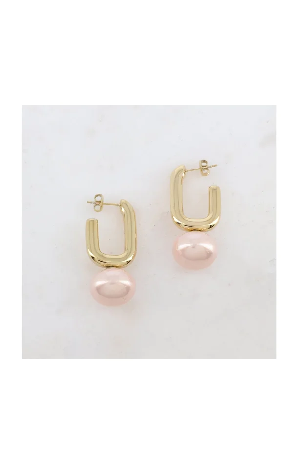 Boucles d’oreilles type créoles à puce en forme géométrique – Acier inoxydable & résine – Doré & rose