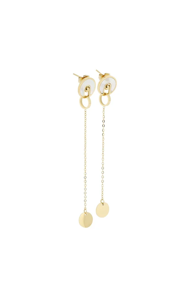 Boucles d’oreilles pendantes Métamorphose – Acier inoxydable & nacres – Doré & blanc