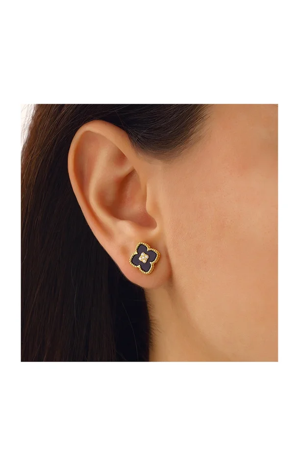 Boucles d’oreilles trèfle doré – Nacre noire & zircon