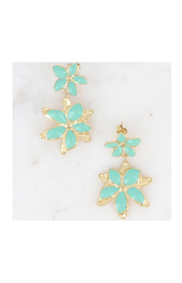 Boucles pendantes Magnolia – Acier inoxydable doré & fleur vert glacé