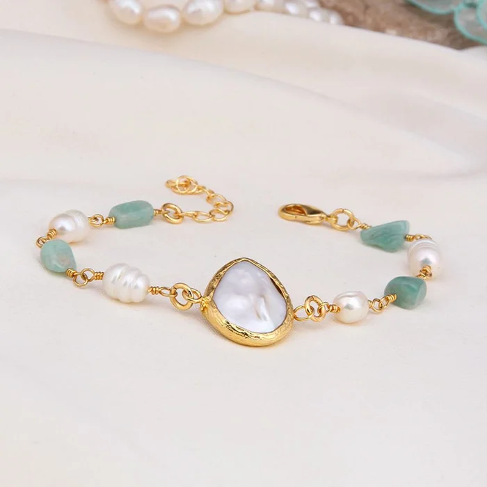 Bracelet – Laiton plaqué or, amazonite & perle