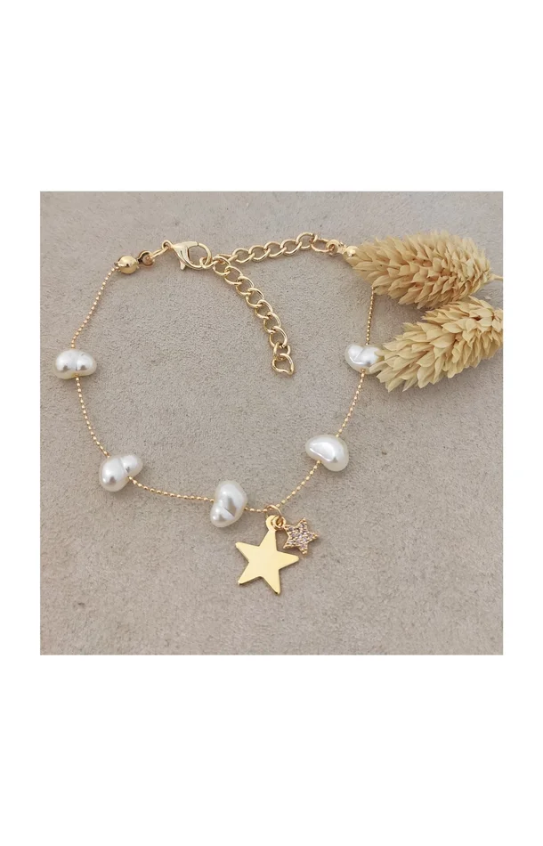 Bracelet – Laiton plaqué or, perles synthétiques et zirconiums