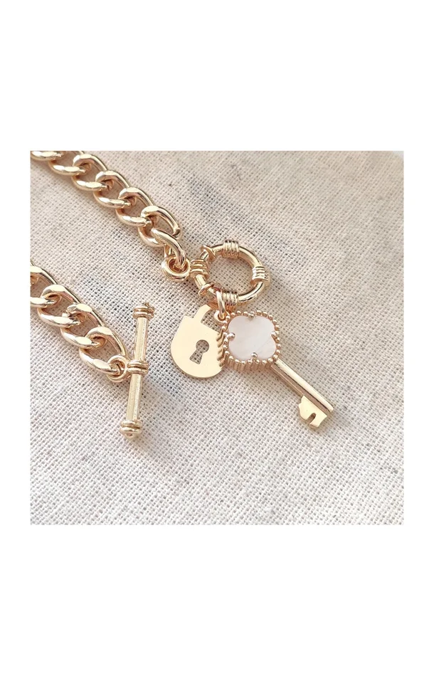 Bracelet cadenas & trèfle – Laiton plaqué or & nacre blanche