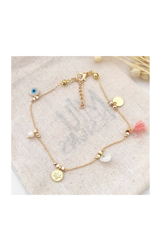 Bracelet de cheville avec perles œil & pièces de monnaie ancienne – Laiton plaqué or