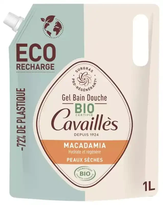 Cavaillès Gel Bain et Douche Huile de Macadamia Peaux Sèches Bio Éco-Recharge 1 L