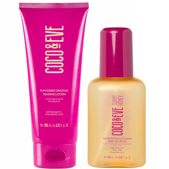 Coco & Eve Sun-Kissed Gradual Tanning Lotion and Tan Boosting Anti-Aging Body Oil SPF30 Bundle