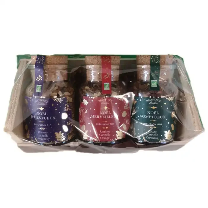 COFFRET CAGETTE DE NOËL 3 BOUTEILLES D‘ INFUSIONS BIO PROVENCE D‘ANTAN