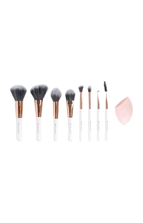Coffret de pinceaux & éponge blender – Teint & yeux – Blanc – 9 produits
