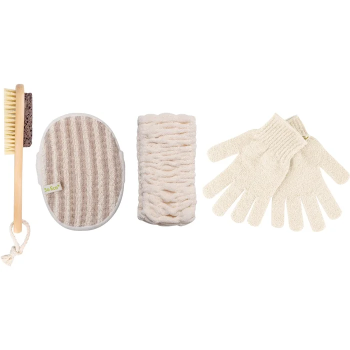 Coffret exfoliant – Brosse, gants & bandeau – Corps – 4 produits