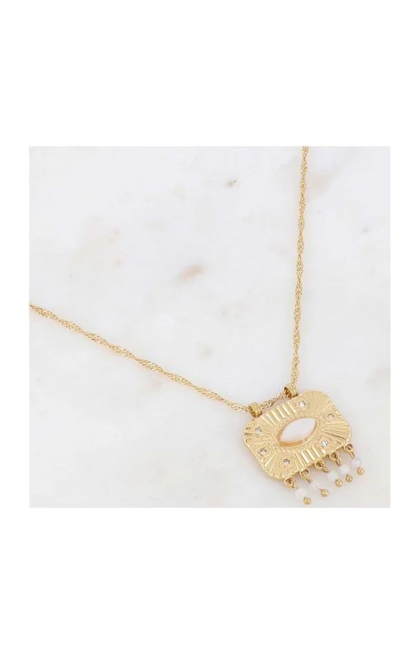 Collier – Acier inoxydable doré, jade & agate blanches