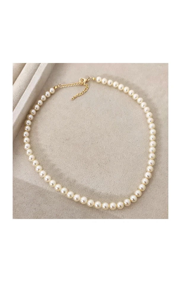 Collier – Laiton plaqué or & perles – Blanc