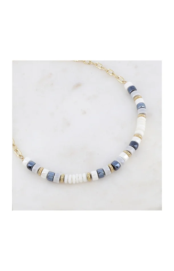 Collier – Perles céramique, coquillages & acier inoxydable