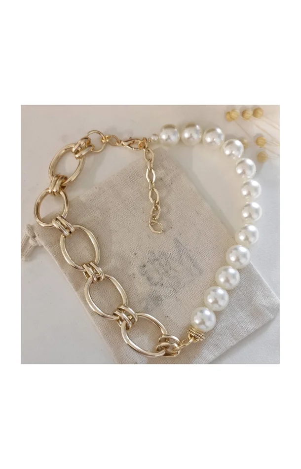 Collier chaîne – Laiton plaqué or & perles